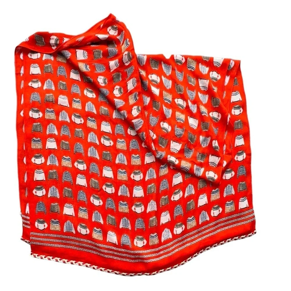 TALBOTS LONG LENGTH SCARF WRAP MINI ICELANDIC SWEATER DESIGN ORANGE BRAID TRIM